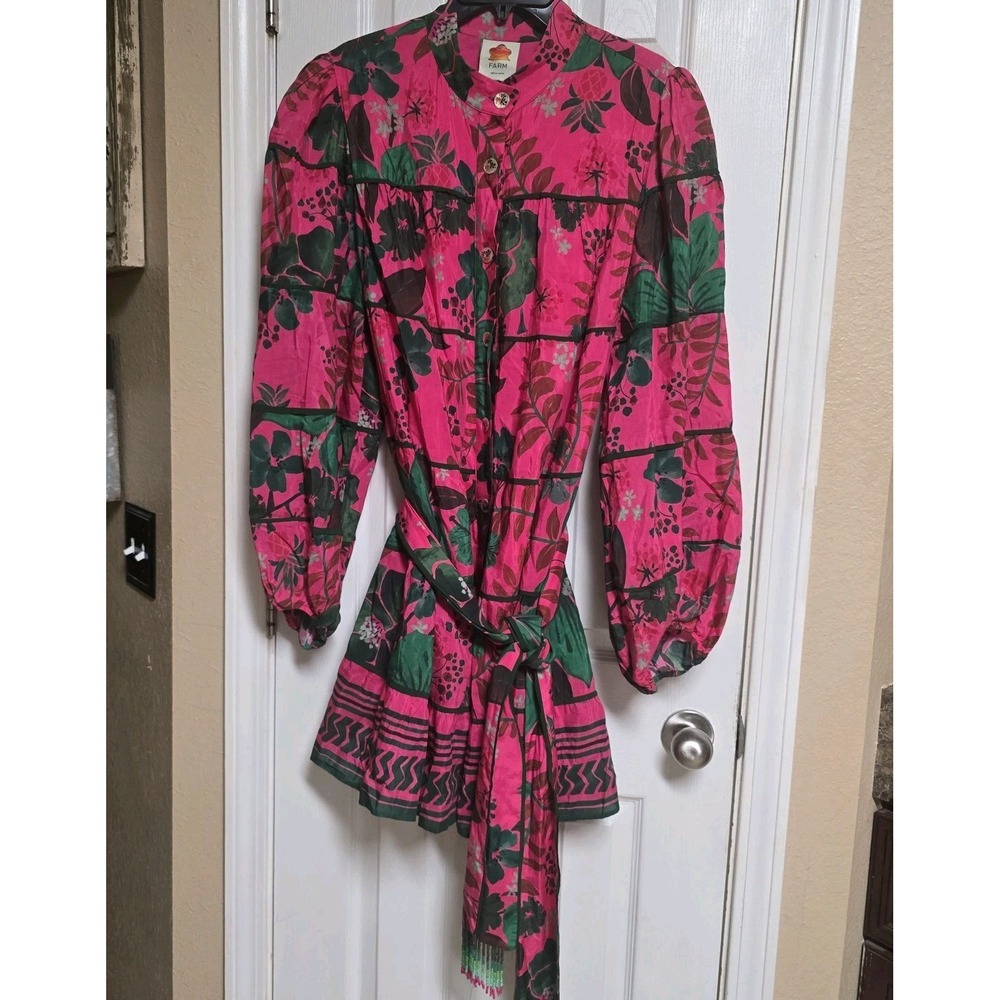 FARM Rio Blush Floral Yard Mini Dress XL Pink Green Belted Puff Sleeve NWOT